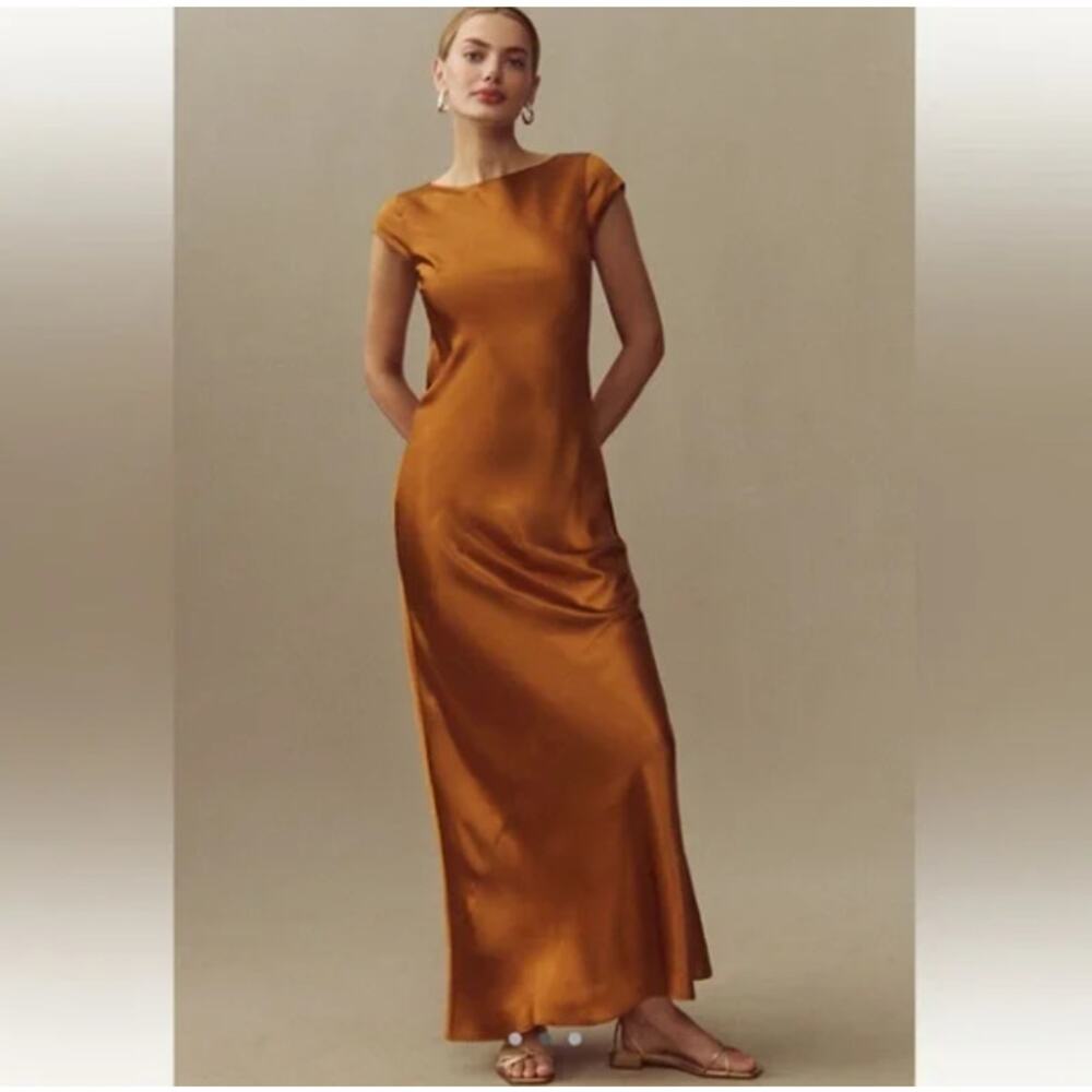 Reformation Niamh Silk Dress Sz 6 Copper Boat Neck NWT - Picture 6 of 6
